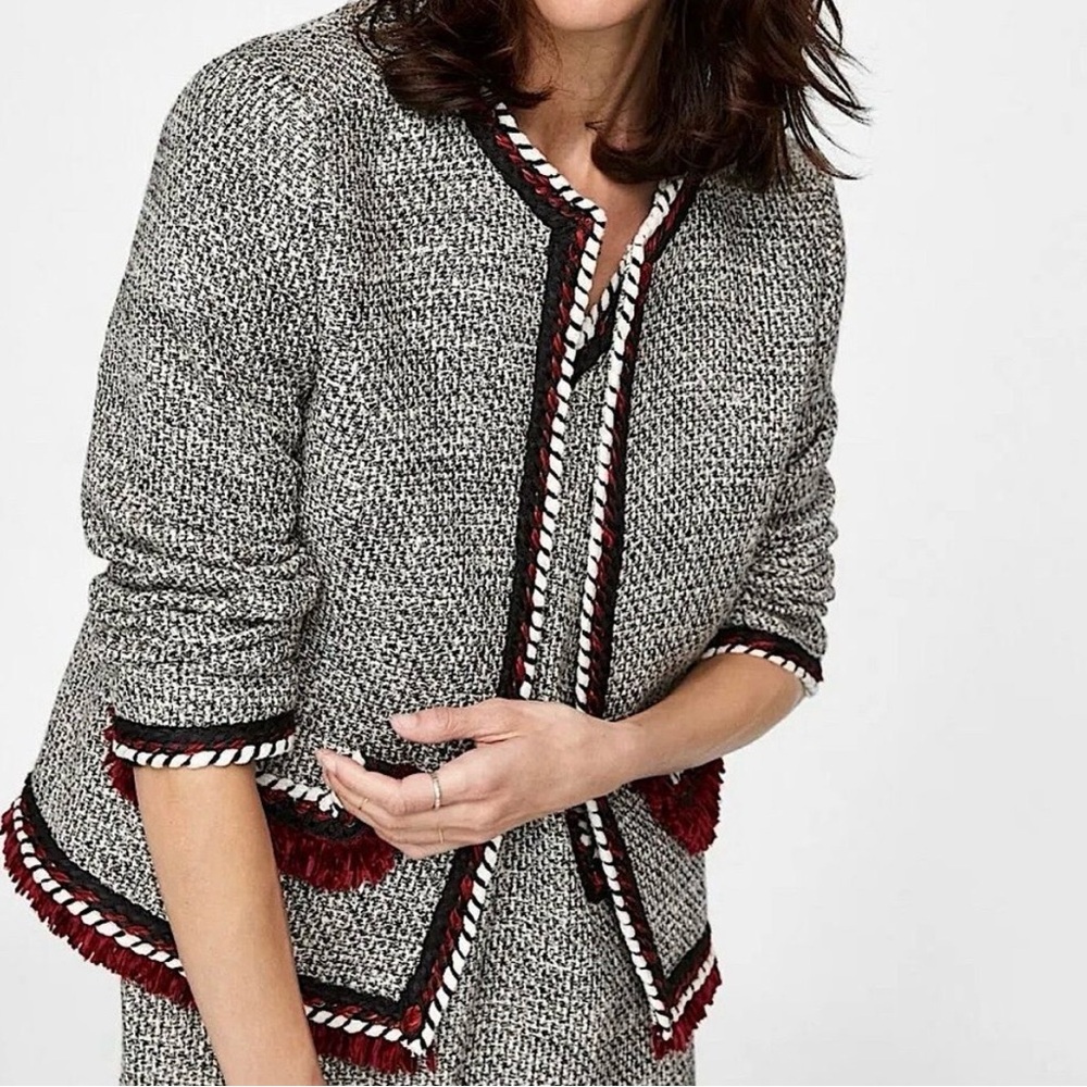 Zara Basic Black and Red Tweed Blazer